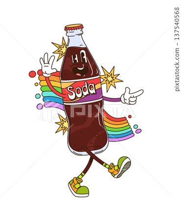 Cartoon funky groovy soda drink glass bottle character energetically posing with finger gun gesture, sparks and rainbow, captures y2k vibe. Vector cheerful refreshment beverage personage exudes joy Cartoon funky groovy soda drink glass bottle character energetically posing with finger gun gesture, sparks and rainbow, captures y2k vibe. Vector cheerful refreshment beverage personage exudes joy 137540568