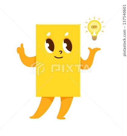 Yellow rectangle math shape cartoon cute character. Geometric shape cute mascot, basic figure cheerful vector character. Child school education geometry form funny personage holding idea bulb lamp 137540601