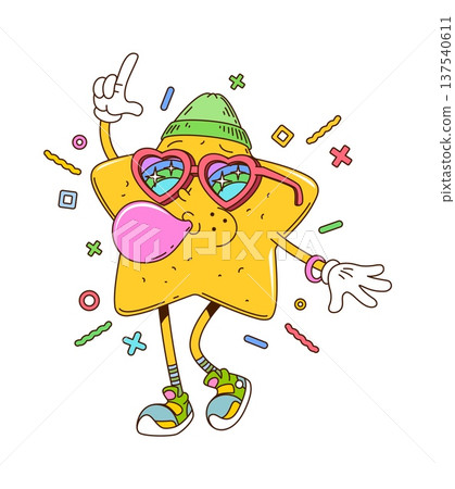 Star chewing bubble gum cartoon groovy adorable character. Cheerful 80s groovy personage, happy vector mascot. Yellow star funny character wearing hear sunglasses, green beanie and inflating gum Star chewing bubble gum cartoon groovy adorable character. Cheerful 80s groovy personage, happy vector mascot. Yellow star funny character wearing hear sunglasses, green beanie and inflating gum 137540611