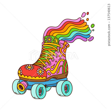 Roller skating shoe funky groovy symbol or sticker. Retro groovy roller skating shoe tag, cartoon trippy colorful vector symbol. Vibrant roller boot and psychedelic rainbow comic hippie patch Roller skating shoe funky groovy symbol or sticker. Retro groovy roller skating shoe tag, cartoon trippy colorful vector symbol. Vibrant roller boot and psychedelic rainbow comic hippie patch 137540613