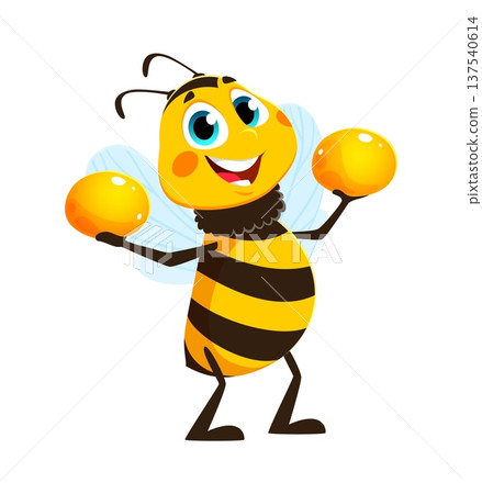 Holding honey drop honey bee insect cartoon character. Honeybee animal cute character, garden bumblebee bug happy vector isolated personage. Honey bee baby cheerful mascot with collecting honey Holding honey drop honey bee insect cartoon character. Honeybee animal cute character, garden bumblebee bug happy vector isolated personage. Honey bee baby cheerful mascot with collecting honey 137540614