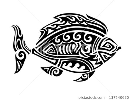 Maori animal tattoo of tribal piranha fish with bold curved lines and swirling shapes. Vector Mayan Aztec totem, ethnic ornament of dangerous toothy fish, symbol of power, survival, movement or energy 137540620