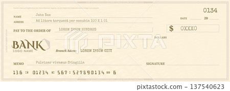 Bank check template, checkbook cheque, vector blank money chequebook with abstract pattern and fields. Currency payment coupon, or banknote background, bank note, voucher, gift certificate mockup 137540623