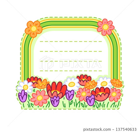 Spring meadow flowers and floral kids memo note template. Children diary page vector floral frame, kids planner spring memo note. Child schedule botanical sticker with colorful flowers in grass 137540633