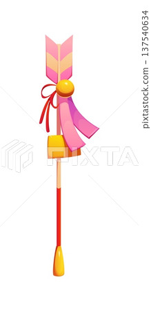 Cartoon Japanese hamaya new year holiday decoration. Vector traditional ceremonial arrow, charm with ribbons and golden tags symbolizing purification, warding off evil, protection and good fortune 137540634