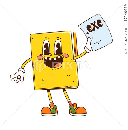 Computer file folder and technology cartoon groovy cute character. PC software hippie character, personal computer file yellow folder retro isolated vector personage. PC operating system groovy mascot 137540639