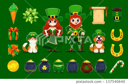 Irish Saint Patrick's Day holiday characters and icons, vector game assets. Cartoon happy man, woman, cat and dog characters in Patrick's Day green costumes and hats, lucky horseshoes, shamrock, coins Irish Saint Patrick's Day holiday characters and icons, vector game assets. Cartoon happy man, woman, cat and dog characters in Patrick's Day green costumes and hats, lucky horseshoes, shamrock, coins 137540640