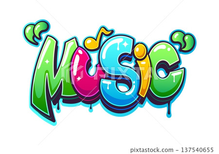 Music street graffiti, funky wall artwork typography. Ghetto airbrush spray lettering, urban wall artwork vector writing. Street music graffiti cool tag typography with dripping paint and musical note Music street graffiti, funky wall artwork typography. Ghetto airbrush spray lettering, urban wall artwork vector writing. Street music graffiti cool tag typography with dripping paint and musical note 137540655