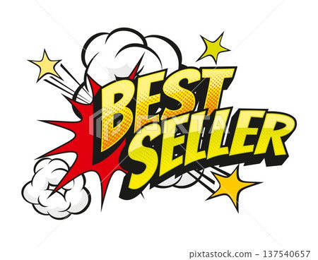 Bestseller sale comic speech bubble pop art sticker. Discount comic balloon label, price off speech text box vector symbol. Sale splash bubble retro tag or sticker with typography and bang effect 137540657