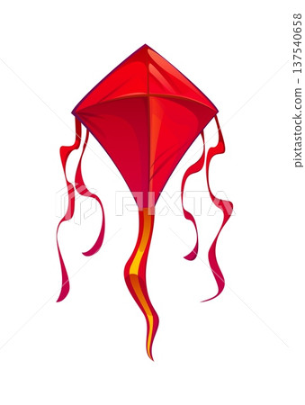 Festive cartoon paper kite with dynamic trailing ribbons, red and orange tail. Kids outdoor sports isolated vector kite, child entertainment paper wing. Indian festival or holiday colorful flying toy Festive cartoon paper kite with dynamic trailing ribbons, red and orange tail. Kids outdoor sports isolated vector kite, child entertainment paper wing. Indian festival or holiday colorful flying toy 137540658