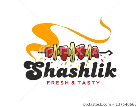 Shashlik barbeque meal cafe icon or symbol. Grilled shashlik symbol, skewer meat BBQ restaurant vector icon. Grill kebab badge with veggies and meat pieces on skewer, smoke and handwritten typography 137540665