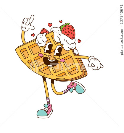 Retro cartoon groovy Belgian waffle character topped with whipped cream, strawberry berries and surrounded by hearts. Vector freshly baked wafer cute breakfast y2k personage, funky pastry hippie snack 137540671