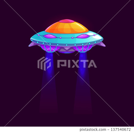 Cartoon UFO spaceship, vector flying object game icon in space with glowing energy beams. Futuristic alien saucer, extraterrestrial spaceship asset hovering with neon light, fantasy cosmic spacecraft 137540672