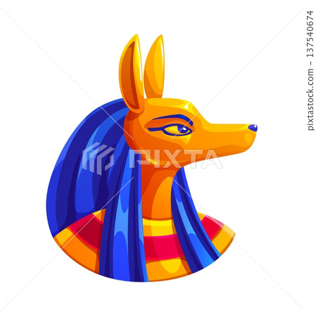 Anubis, the ancient Egyptian god of the afterlife, Egypt game icon, treasure asset. Cartoon vector golden jackal head adorned in a blue striped nemes headdress. Museum regal artifact or deity relic 137540674