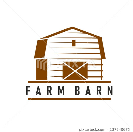 Wooden farm barn icon with classic rural wood building and crossed door. Vector symbol or emblem of agriculture, countryside farming tradition, harvest, livestock homestead and organic country life Wooden farm barn icon with classic rural wood building and crossed door. Vector symbol or emblem of agriculture, countryside farming tradition, harvest, livestock homestead and organic country life 137540675