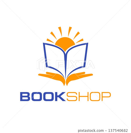 Book shop, store, education and handbook icon. Book shop graphic vector sign, literature store abstract emblem. Reading club or publisher company symbol or icon with human hands, opened book and sun Book shop, store, education and handbook icon. Book shop graphic vector sign, literature store abstract emblem. Reading club or publisher company symbol or icon with human hands, opened book and sun 137540682