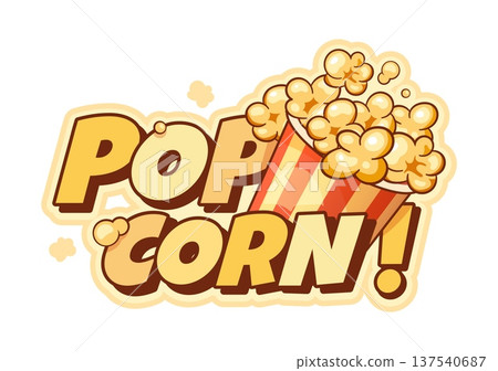 Takeaway popcorn fresh sweetcorn icon or patch. Cinema crunchy dessert icon, movie sweet sweetcorn vector badge. Party fluffy snack cartoon label or emblem with yellow typography and popcorn bucket Takeaway popcorn fresh sweetcorn icon or patch. Cinema crunchy dessert icon, movie sweet sweetcorn vector badge. Party fluffy snack cartoon label or emblem with yellow typography and popcorn bucket 137540687