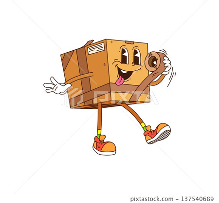Cartoon groovy delivery cardboard box character wrapping with adhesive tape. Cute mail parcel or post service vector retro personage packing itself for customer. Package order funny cargo freight pack Cartoon groovy delivery cardboard box character wrapping with adhesive tape. Cute mail parcel or post service vector retro personage packing itself for customer. Package order funny cargo freight pack 137540689
