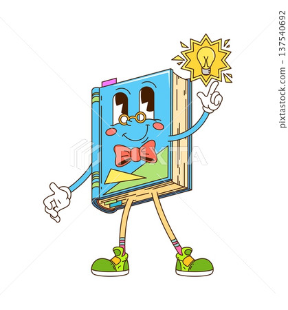 Cartoon retro groovy blue book character with light bulb, bow tie, sneakers and finger up gesture having great idea. Cute vector school student or teacher textbook or fun library bestseller personage 137540692