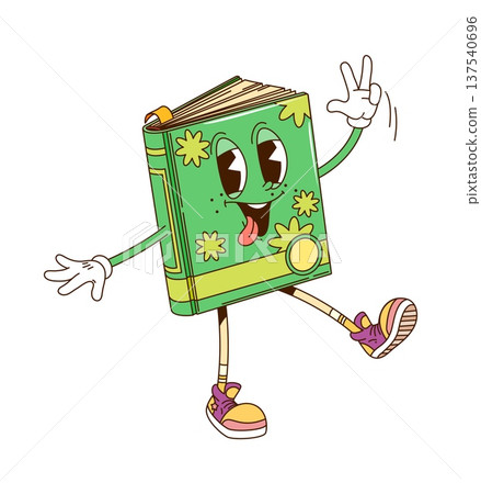 Book cartoon groovy cute character. Happy comic novel character, funny 80s groovy vector personage. Cheerful isolated mascot of book with green cover walking and showing victory hand gesture Book cartoon groovy cute character. Happy comic novel character, funny 80s groovy vector personage. Cheerful isolated mascot of book with green cover walking and showing victory hand gesture 137540696