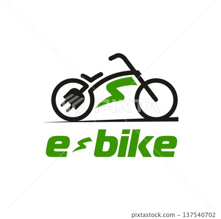 Electrobike icon, vector emblem with electric bicycle, plug, wheel and lightning symbol. Vector modern ebike, eco transport, energy, electricity, clean mobility label for sustainable urban technology 137540702