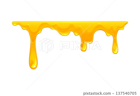 Cartoon sweet melt dripping honey syrup with glossy liquid flow forming yellow drip border. Vector sticky dessert element with smooth texture and drops, isolated food frame, decoration or oil border Cartoon sweet melt dripping honey syrup with glossy liquid flow forming yellow drip border. Vector sticky dessert element with smooth texture and drops, isolated food frame, decoration or oil border 137540705