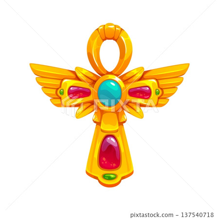 Cartoon Egypt Ankh cross amulet with wings and glowing gemstones. Vector Egypt game icon asset, ancient Egyptian treasure, mystical artifact. Fantasy relic of mythology and historic ceremonial culture 137540718