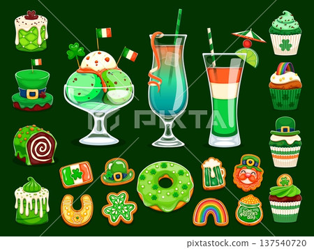 Happy St Patrick's day sweet cakes, cookies and desserts. Spring party cartoon vector sweets, Irish pastry desserts. Saint Patrick holiday ice cream, cupcake, cookies and cake, donut, pub cocktails Happy St Patrick's day sweet cakes, cookies and desserts. Spring party cartoon vector sweets, Irish pastry desserts. Saint Patrick holiday ice cream, cupcake, cookies and cake, donut, pub cocktails 137540720