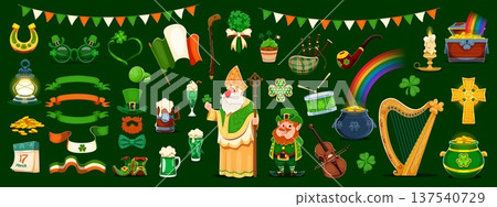 Happy St Patrick's day characters and symbols. Saint Patrick holiday cartoon vector items. Leprechaun character, ribbons and garland, clover leaf, pot and chest with gold, music instruments, sweets Happy St Patrick's day characters and symbols. Saint Patrick holiday cartoon vector items. Leprechaun character, ribbons and garland, clover leaf, pot and chest with gold, music instruments, sweets 137540729