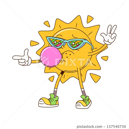 Sun inflates chewing gum cartoon groovy funny character. Happy retro comic character, funny groovy vector personage. Sun cheerful mascot wearing sunglasses, inflating bubble gum and pointing finger Sun inflates chewing gum cartoon groovy funny character. Happy retro comic character, funny groovy vector personage. Sun cheerful mascot wearing sunglasses, inflating bubble gum and pointing finger 137540730