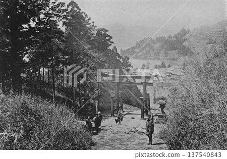 Old photo from 1894 showing the torii gate of Hakone Shrine and Lake Ashi Old photo from 1894 showing the torii gate of Hakone Shrine and Lake Ashi 137540843