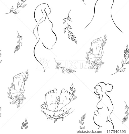Vector seamless pattern. Pregnant woman in silhouette holds belly near blooming sakura. Parent holding in the hands feet of newborn baby. Hand-drawn vector with linear contour cherry and apple trees 137540893