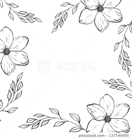 Vector delicate flower frame. Hand painted linear contour magnolia, sakura, twig with leaves. Graphic clipart isolated. Botanical, tattoo and wedding illustration. For designers, invitations Vector delicate flower frame. Hand painted linear contour magnolia, sakura, twig with leaves. Graphic clipart isolated. Botanical, tattoo and wedding illustration. For designers, invitations 137540895