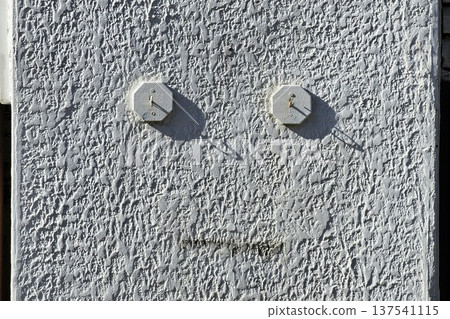 Two exterior electrical conduit caps, installed on stucco wall. Two exterior electrical conduit caps, installed on stucco wall. 137541115