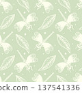 Seamless pattern with dragonfly, leaf silhouettes. Abstract vector background with insect silhouettes. Cute nature print in pastel green for textile design, wrapping, wallpaper. Organic botanical art. 137541336