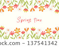 Colorful hand-drawn flower border with space for text. An illustration of hand-drawn flower frames on a white background. A floral horizontal background for seasonal greeting cards or holidays. 137541342