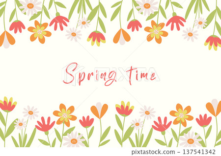 Colorful hand-drawn flower border with space for text. An illustration of hand-drawn flower frames on a white background. A floral horizontal background for seasonal greeting cards or holidays. Colorful hand-drawn flower border with space for text. An illustration of hand-drawn flower frames on a white background. A floral horizontal background for seasonal greeting cards or holidays. 137541342