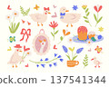 Set of Easter elements with cute geese, a duck, an Easter cake, colorful eggs, and colorful flowers. Elements of festive spring decor. Hand-drawn vector illustration of spring animals 137541344