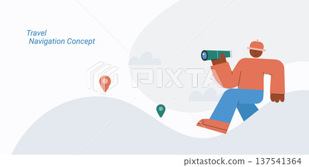 Flat style illustration of a person sitting on hill looking through telescope with location pins, representing travel, navigation, exploration and journey concept. Flat style illustration of a person sitting on hill looking through telescope with location pins, representing travel, navigation, exploration and journey concept. 137541364