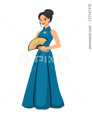 Woman in blue dress with fan, asian style. Flat vector clipart, illustration with isolated background. Woman in blue dress with fan, asian style. Flat vector clipart, illustration with isolated background. 137541370
