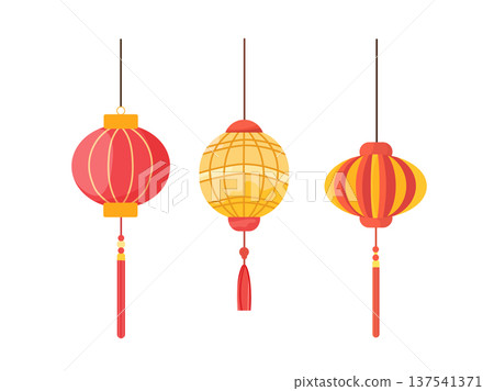 Red Chinese Lamps. Flat vector clipart, illustration with isolated background. Red Chinese Lamps. Flat vector clipart, illustration with isolated background. 137541371