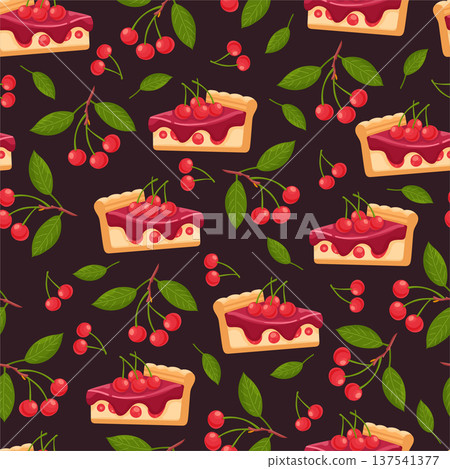 Cherry pie seamless pattern. Flat vector clipart, illustration with isolated background. Cherry pie seamless pattern. Flat vector clipart, illustration with isolated background. 137541377