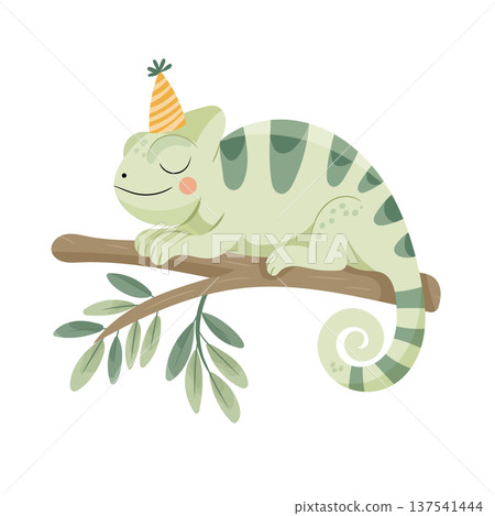 A cute baby chameleon wearing a festive hat, perched on a tree branch. Vector illustration. Adorable cartoon reptile in pastel colors. Flat vector clipart, illustration with isolated background. A cute baby chameleon wearing a festive hat, perched on a tree branch. Vector illustration. Adorable cartoon reptile in pastel colors. Flat vector clipart, illustration with isolated background. 137541444