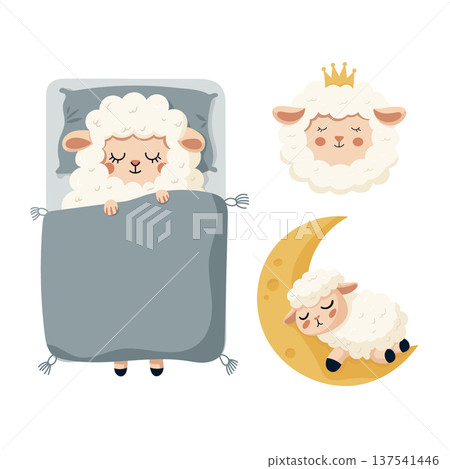 Cute Sleeping Sheep Nursery Set with Moon and Crown. Adorable lamb illustrations in soft pastel colors. Flat vector clipart, illustration with isolated background. 137541446