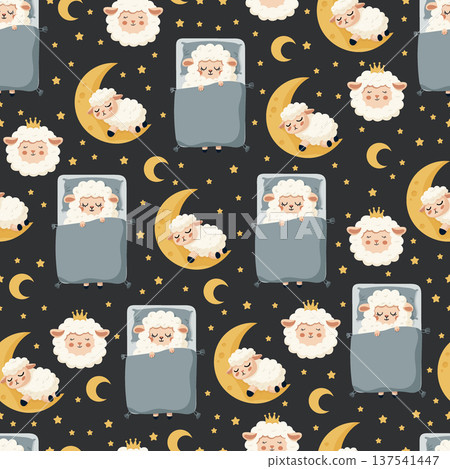Seamless Cute Sleeping Sheep Nursery Pattern with Moon and Stars. Adorable lamb illustrations in soft pastel colors. Flat vector clipart, illustration with isolated background. 137541447
