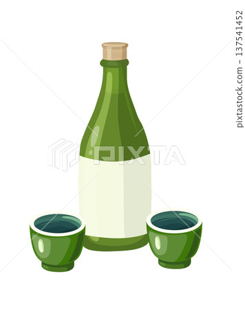 Glass bottle and cups of sake. Flat vector clipart illustration with isolated background. Glass bottle and cups of sake. Flat vector clipart illustration with isolated background. 137541452