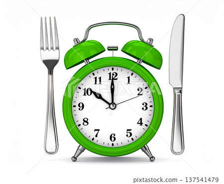 Time for a diet. Green metal alarm clock with green bells and cutlery on white background. Concept of diets and eating by hour. Classic design. 137541479