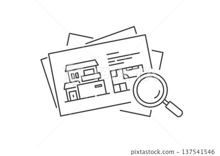 Real estate vector icon (line drawing, monochrome) checking property information with a magnifying glass Real estate vector icon (line drawing, monochrome) checking property information with a magnifying glass 137541546