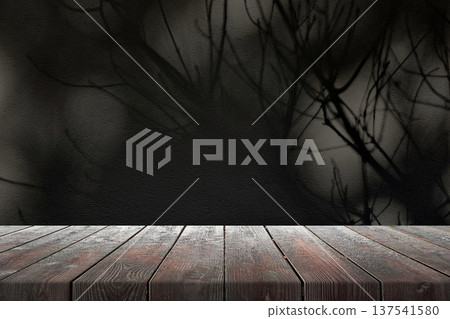 Wooden Table with Scary Tree Shadow on Concrete Wall Texture Background Wooden Table with Scary Tree Shadow on Concrete Wall Texture Background 137541580