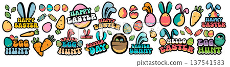 Easter sticker set with cute eggs, bunny ears and carrots. Colorful groovy lettering for Egg Hunt and Happy Easter. Festive holiday icons collection isolated on white background. Vector. Easter sticker set with cute eggs, bunny ears and carrots. Colorful groovy lettering for Egg Hunt and Happy Easter. Festive holiday icons collection isolated on white background. Vector. 137541583